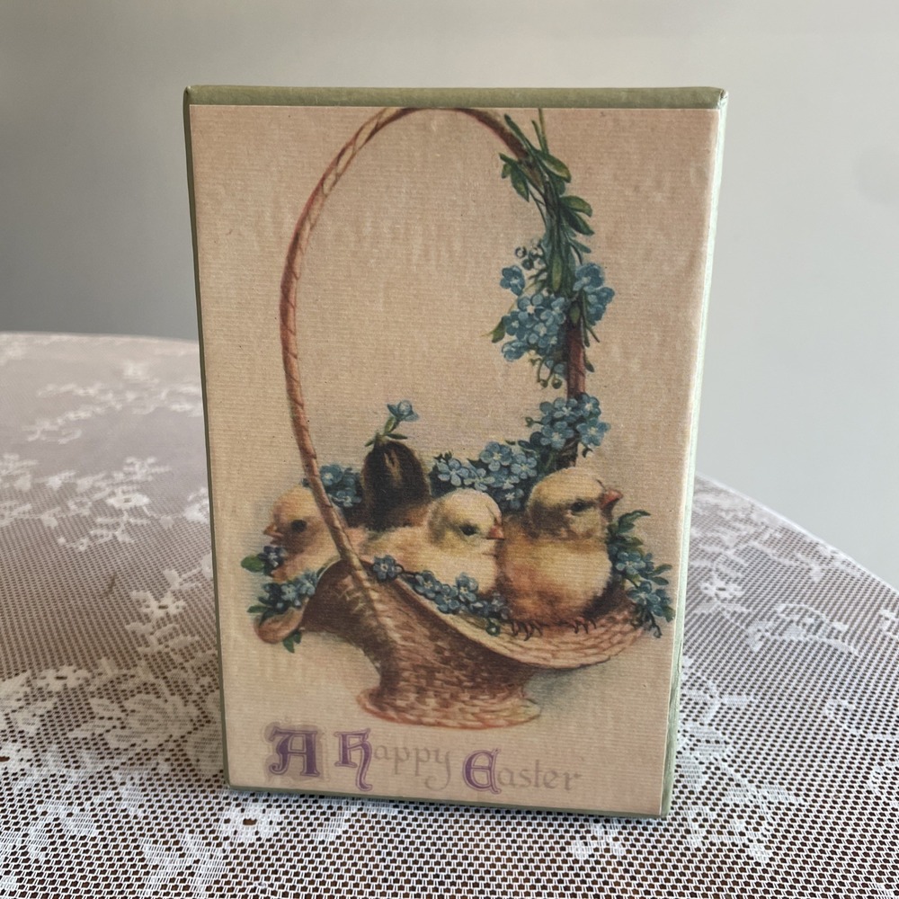 Antique Inspired Easter Spring Cardboard Box Primitive Baby Chicks In Basket